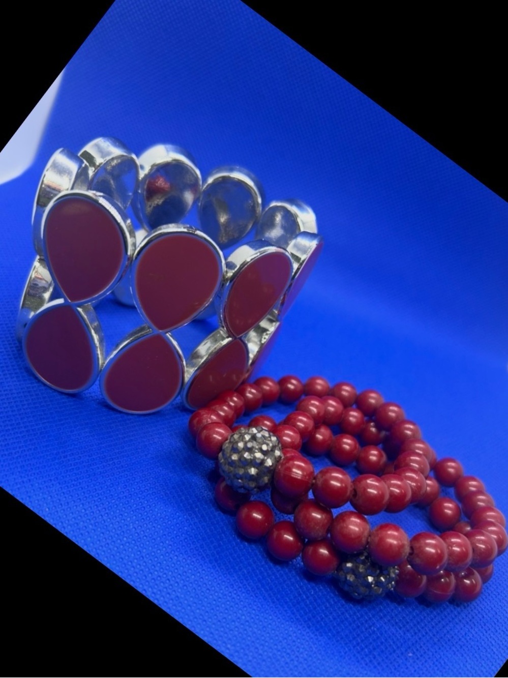 Red Beaded Bracelet Set with Silver-Tone Heart Cuff